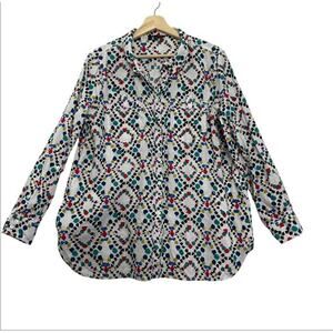 John Mark Linen Top Womens L Colorful Abstract Button Up Pockets LS Artsy Fun
